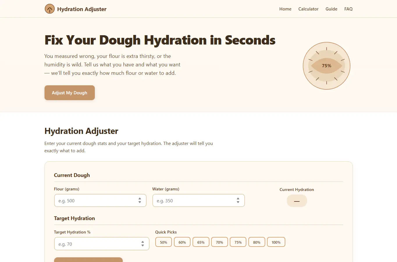 Screenshot of Sourdough Hydration Adjuster interface showing the project page in use
